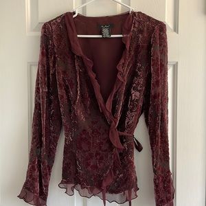 Lovely burgundy velvet (silk/viscose) burnout, wrap style blouse or jacket.
